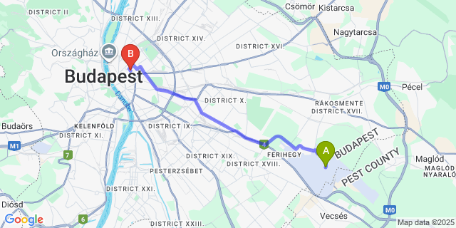 Map: Budapest Airport (BUD), Ferihegy, Liszt Ferenc to K33 - Boutique Apartments by BQA