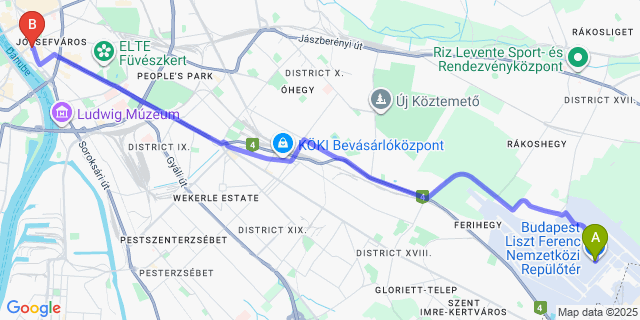 Map: Budapest Airport (BUD), Ferihegy, Liszt Ferenc to Kalvin House Budapest