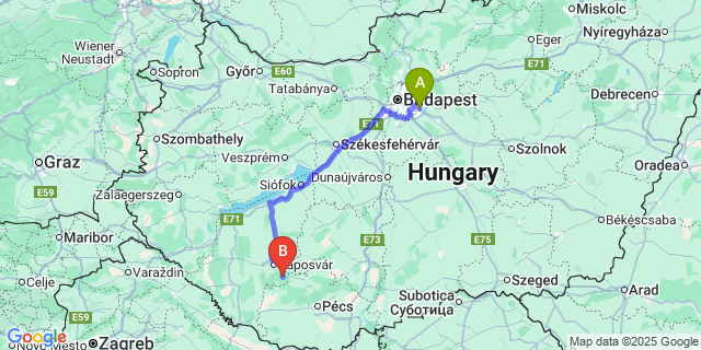 Map: Budapest Airport (BUD), Ferihegy, Liszt Ferenc to Kaposgyarmat