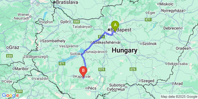 Map: Budapest Airport (BUD), Ferihegy, Liszt Ferenc to Kaposszekcső