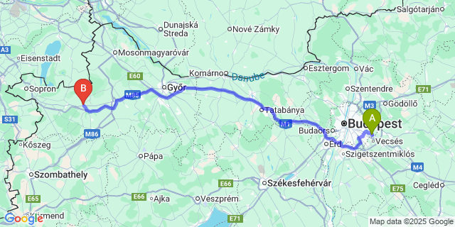 Map: Budapest Airport (BUD), Ferihegy, Liszt Ferenc to Kapuvár