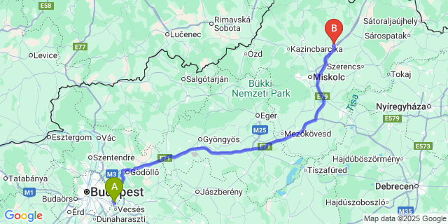 Map: Budapest Airport (BUD), Ferihegy, Liszt Ferenc to Kázsmárk