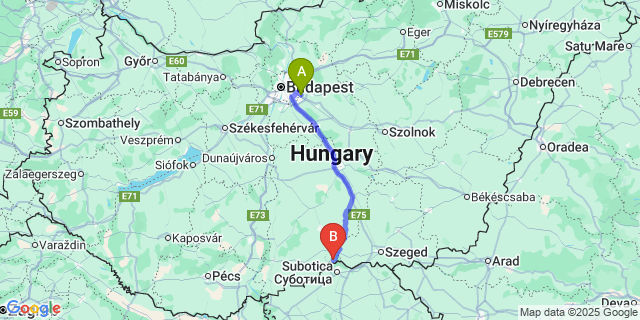 Map: Budapest Airport (BUD), Ferihegy, Liszt Ferenc to Kelebia