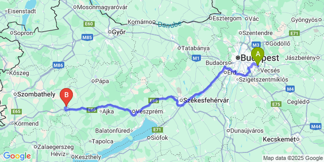 Map: Budapest Airport (BUD), Ferihegy, Liszt Ferenc to Kemenespálfa