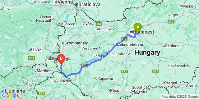 Map: Budapest Airport (BUD), Ferihegy, Liszt Ferenc to Kerkabarabás