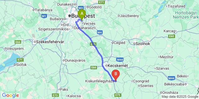 Map: Budapest Airport (BUD), Ferihegy, Liszt Ferenc to Kiskunfélegyháza