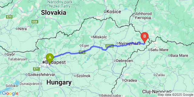 Map: Budapest Airport (BUD), Ferihegy, Liszt Ferenc to Kisnamény