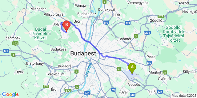Map: Budapest Airport (BUD), Ferihegy, Liszt Ferenc to Klebelsberg Kastély