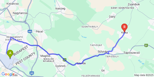 Map: Budapest Airport (BUD), Ferihegy, Liszt Ferenc to Kóka