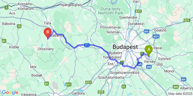 Map: Budapest Airport (BUD), Ferihegy, Liszt Ferenc to Környe
