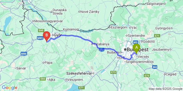 Map: Budapest Airport (BUD), Ferihegy, Liszt Ferenc to Koroncó