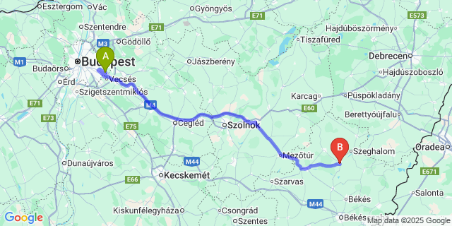 Map: Budapest Airport (BUD), Ferihegy, Liszt Ferenc to Körösladány