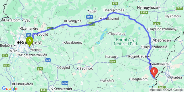 Map: Budapest Airport (BUD), Ferihegy, Liszt Ferenc to Körösszegapáti