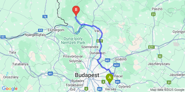 Map: Budapest Airport (BUD), Ferihegy, Liszt Ferenc to Kóspallag