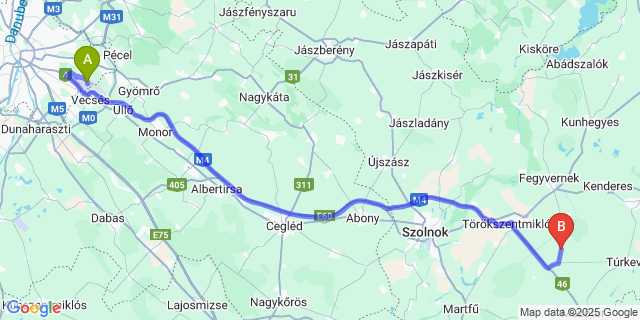 Map: Budapest Airport (BUD), Ferihegy, Liszt Ferenc to Kuncsorba