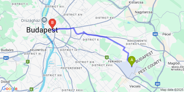 Map: Budapest Airport (BUD), Ferihegy, Liszt Ferenc to KViHotel Budapest