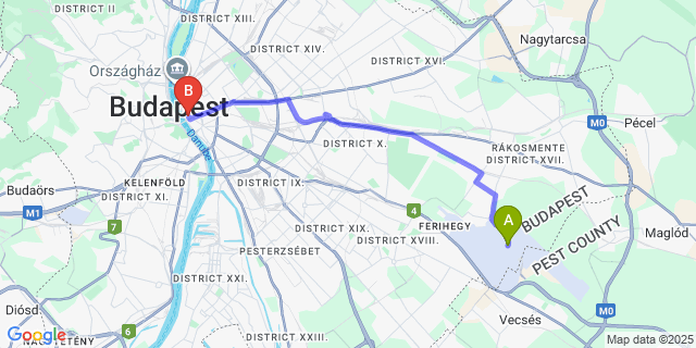 Map: Budapest Airport (BUD), Ferihegy, Liszt Ferenc to La Prima Fashion Hotel