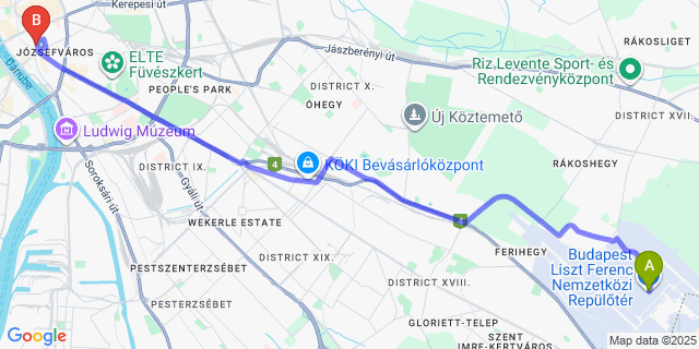Map: Budapest Airport (BUD), Ferihegy, Liszt Ferenc to Lavender Circus Hostel
