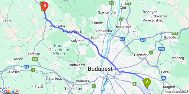 Map: Budapest Airport (BUD), Ferihegy, Liszt Ferenc to Leányvár