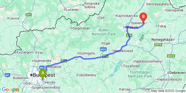 Map: Budapest Airport (BUD), Ferihegy, Liszt Ferenc to Legyesbénye