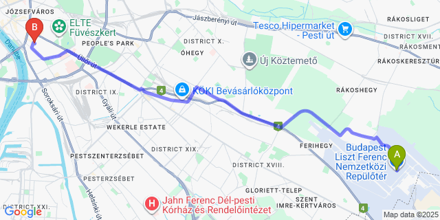 Map: Budapest Airport (BUD), Ferihegy, Liszt Ferenc to Leonardo Hotel Budapest