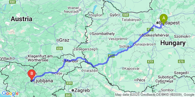 Map: Budapest Airport (BUD), Ferihegy, Liszt Ferenc to Ljubljana