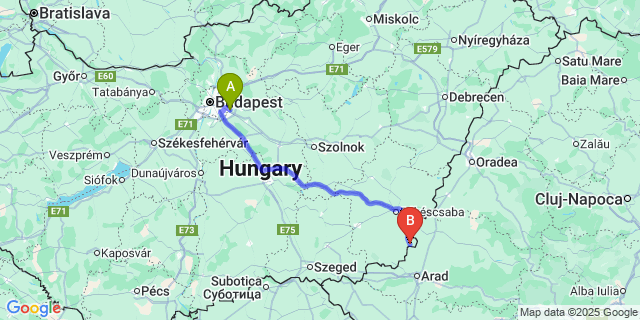Map: Budapest Airport (BUD), Ferihegy, Liszt Ferenc to Lőkösháza