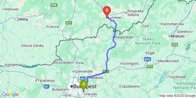 Map: Budapest Airport (BUD), Ferihegy, Liszt Ferenc to Lučenec