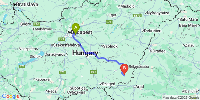 Map: Budapest Airport (BUD), Ferihegy, Liszt Ferenc to Magyarbánhegyes