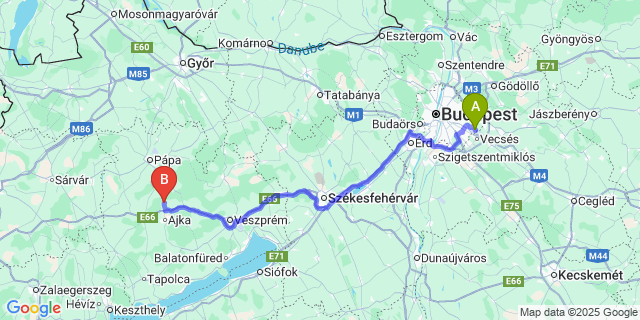 Map: Budapest Airport (BUD), Ferihegy, Liszt Ferenc to Magyarpolány