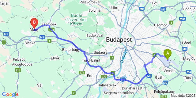 Map: Budapest Airport (BUD), Ferihegy, Liszt Ferenc to Mány