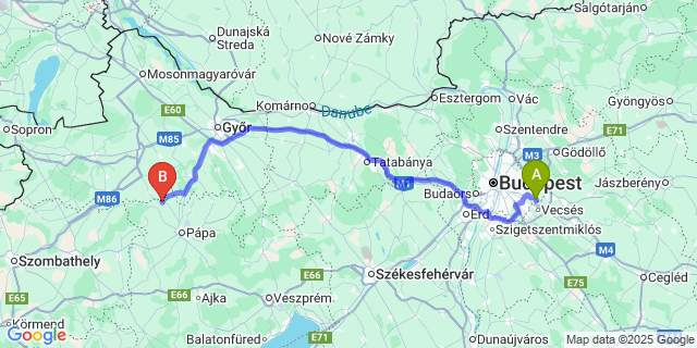 Map: Budapest Airport (BUD), Ferihegy, Liszt Ferenc to Marcaltő