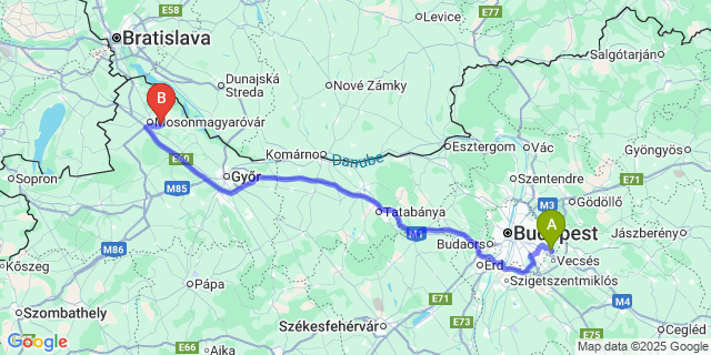 Map: Budapest Airport (BUD), Ferihegy, Liszt Ferenc to Máriakálnok