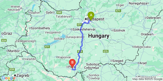 Map: Budapest Airport (BUD), Ferihegy, Liszt Ferenc to Máriakéménd