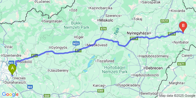 Map: Budapest Airport (BUD), Ferihegy, Liszt Ferenc to Mátészalka