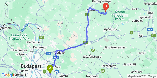 Map: Budapest Airport (BUD), Ferihegy, Liszt Ferenc to Mátraszentimre