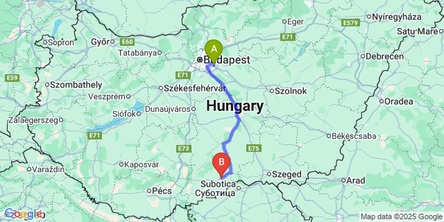 Map: Budapest Airport (BUD), Ferihegy, Liszt Ferenc to Mélykút