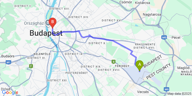 Map: Budapest Airport (BUD), Ferihegy, Liszt Ferenc to Mera Hotel