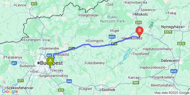 Map: Budapest Airport (BUD), Ferihegy, Liszt Ferenc to Mezőcsát