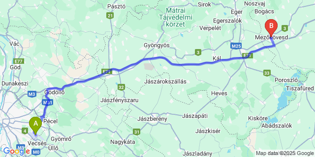 Map: Budapest Airport (BUD), Ferihegy, Liszt Ferenc to Mezőkövesd