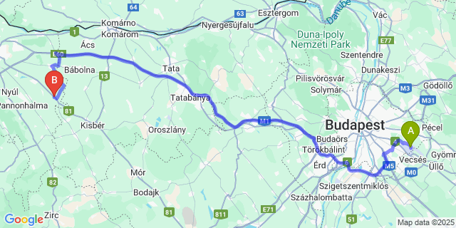 Map: Budapest Airport (BUD), Ferihegy, Liszt Ferenc to Mezőörs