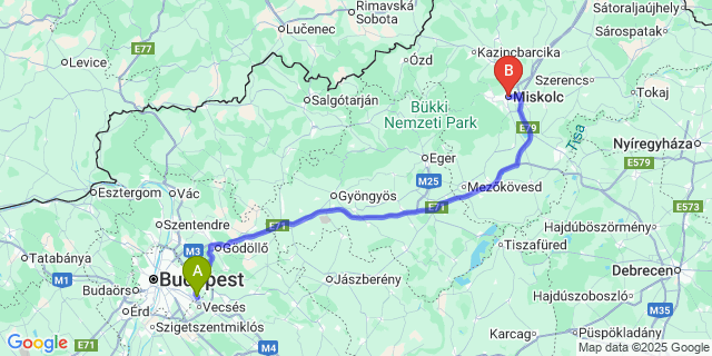 Map: Budapest Airport (BUD), Ferihegy, Liszt Ferenc to Miskolc