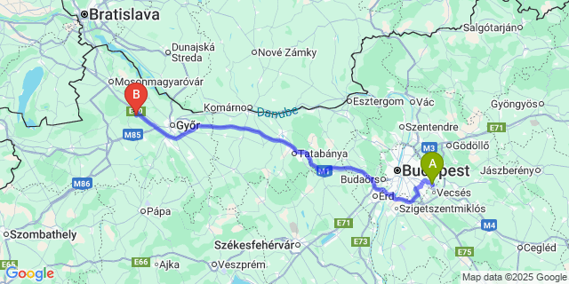 Map: Budapest Airport (BUD), Ferihegy, Liszt Ferenc to Mosonszentmiklós