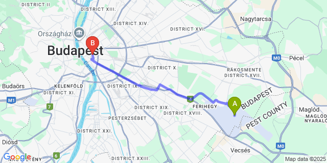 Map: Budapest Airport (BUD), Ferihegy, Liszt Ferenc to Museum Hotel Budapest Trefort utca 2.