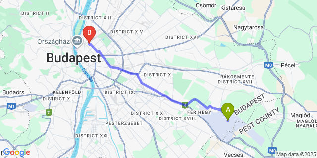 Map: Budapest Airport (BUD), Ferihegy, Liszt Ferenc to Mystery Hotel Budapest