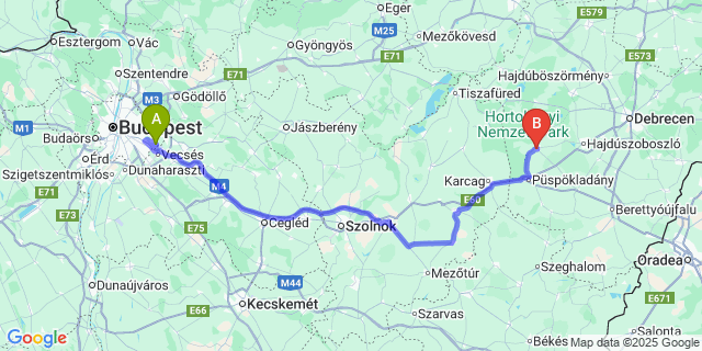 Map: Budapest Airport (BUD), Ferihegy, Liszt Ferenc to Nádudvar