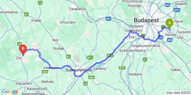 Map: Budapest Airport (BUD), Ferihegy, Liszt Ferenc to Nagyesztergár