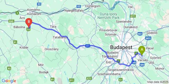 Map: Budapest Airport (BUD), Ferihegy, Liszt Ferenc to Nagyigmánd