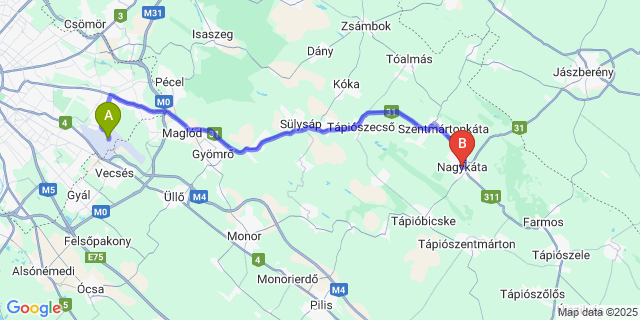 Map: Budapest Airport (BUD), Ferihegy, Liszt Ferenc to Nagykáta