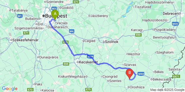 Map: Budapest Airport (BUD), Ferihegy, Liszt Ferenc to Nagyszénás
